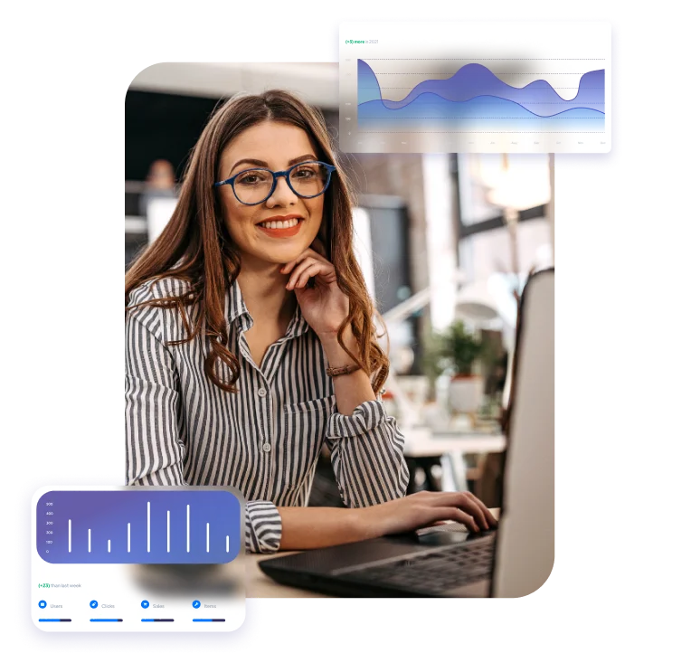 Smiling woman on laptop with data chart overlays, symbolizing business analytics and insight.