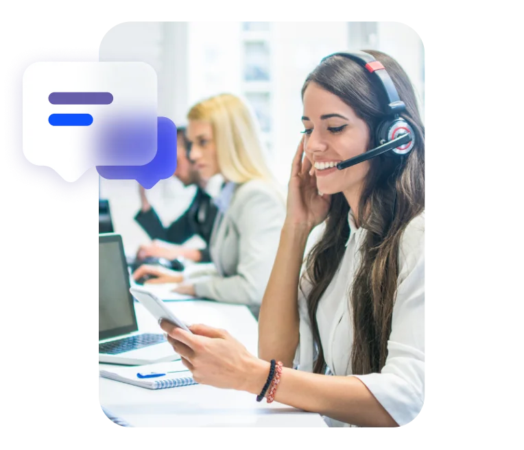 A smiling customer service representative with a headset, symbolizing teamwork and support.