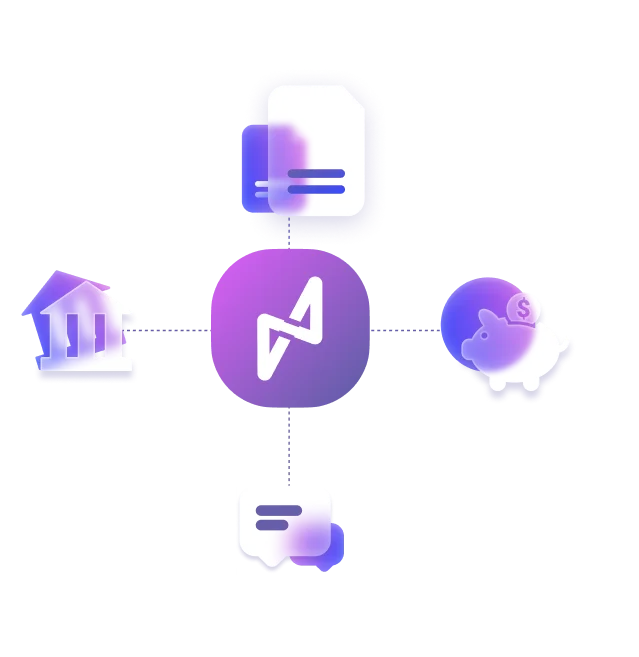 Illustration of finance-related icons connected to a central logo, symbolizing financial management tools.