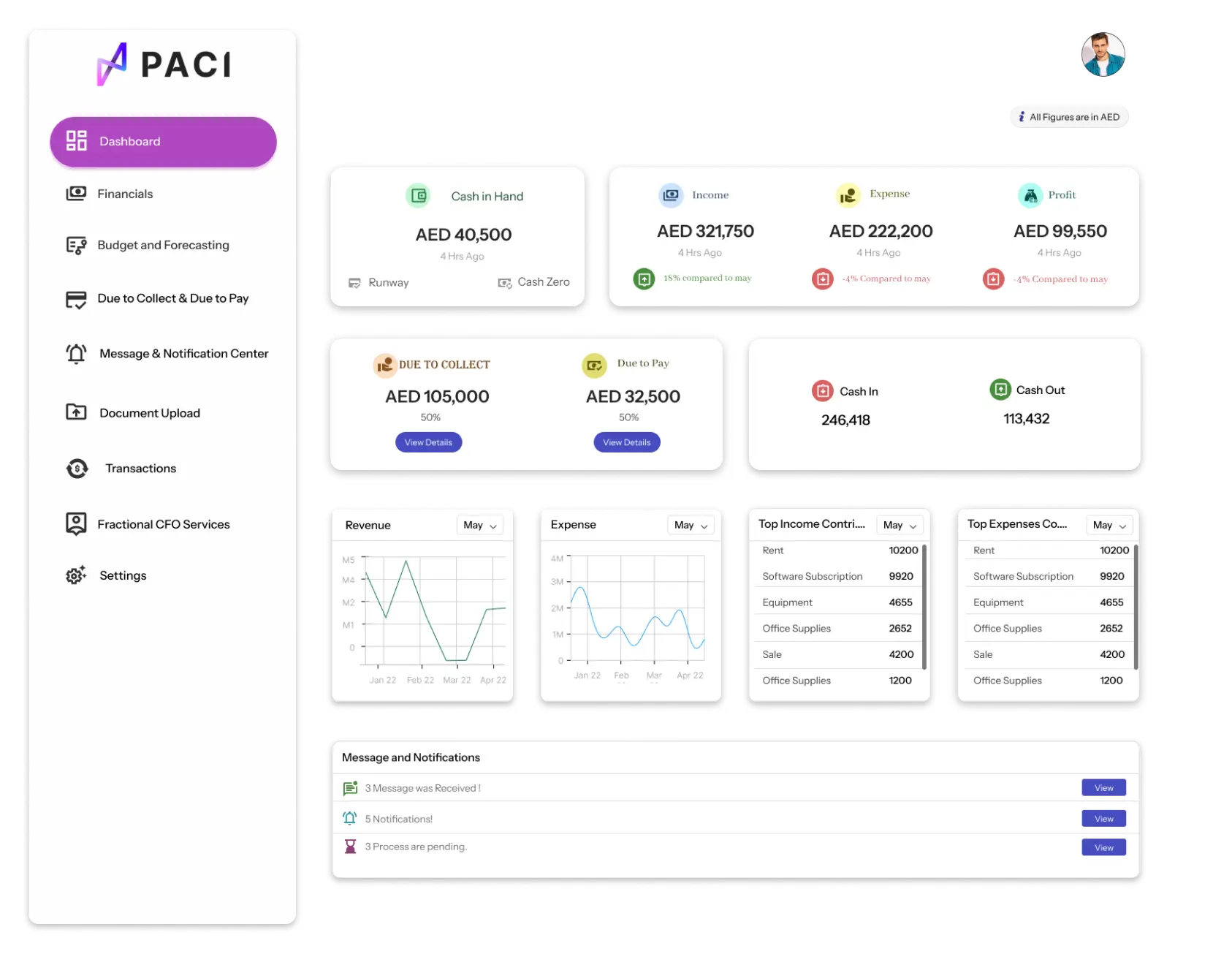 Paci accounting software dashboard showcasing financial metrics and performance indicators.