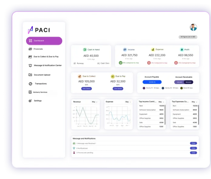 Paci accounting software dashboard showcasing financial metrics and performance indicators.