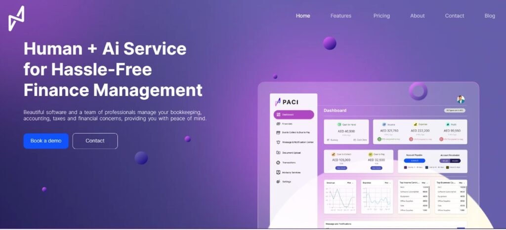 Paci homepage displaying "Human + AI Service for Hassle-Free Finance Management" and a dashboard interface.